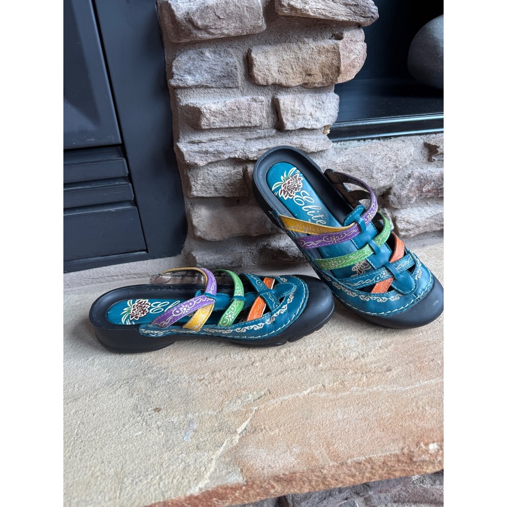 Elite by Corkys Rock Teal Multi Color Leather Artisan Sandals Women's 9 Granola